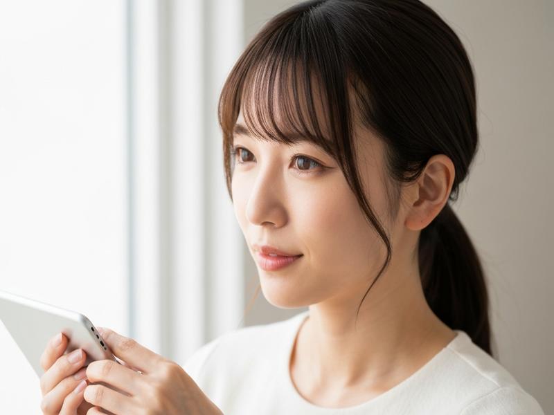 タブレットを手に窓の外を見つめる女性。
