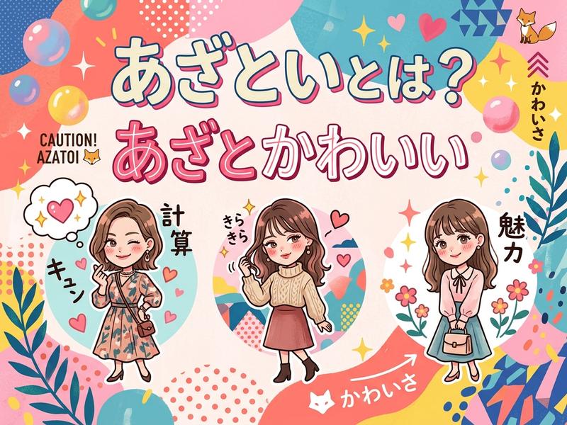 「あざといとは？」という問いに答える、「あざとかわいい」を説明する3人の女性イラスト。
