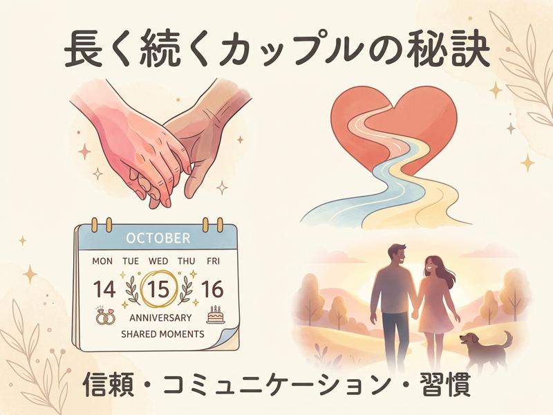 「長く続くカップルの秘訣」信頼、コミュニケーション、習慣のイラスト