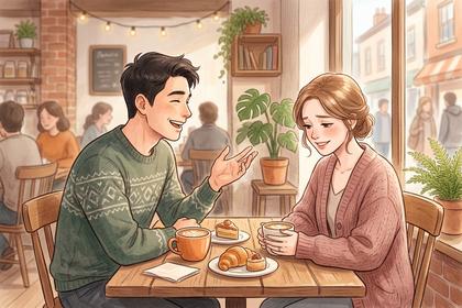 カフェで楽しそうに会話する男女、でも女性がどこか控えめな様子を描いた柔らかいイラスト