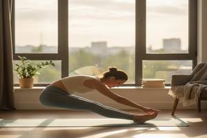 朝日が差し込む部屋で、ストレッチをしながら穏やかな表情を浮かべる女性