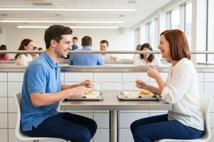 ランチタイムに社員食堂で向かい合って楽しそうに食事をしている男女の同僚