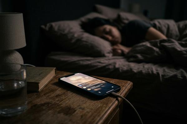 スマートフォンの通知画面がぼんやり光っている様子、夜のベッドサイドの雰囲気