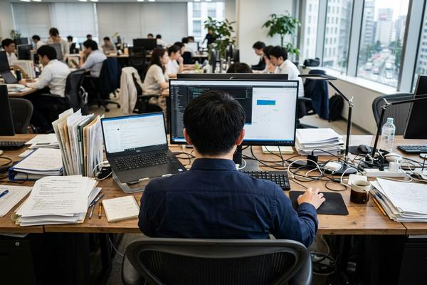 仕事中のオフィスでデスクに向かう男性の後ろ姿、パソコンと書類が散らばっている様子