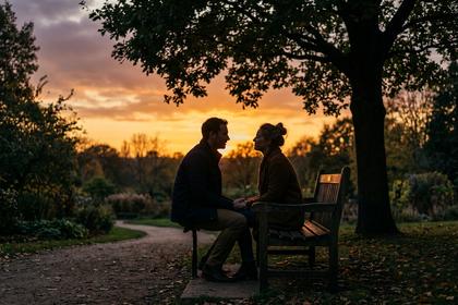 夕暮れの公園のベンチで手をつないで穏やかに語り合うカップルのシルエット