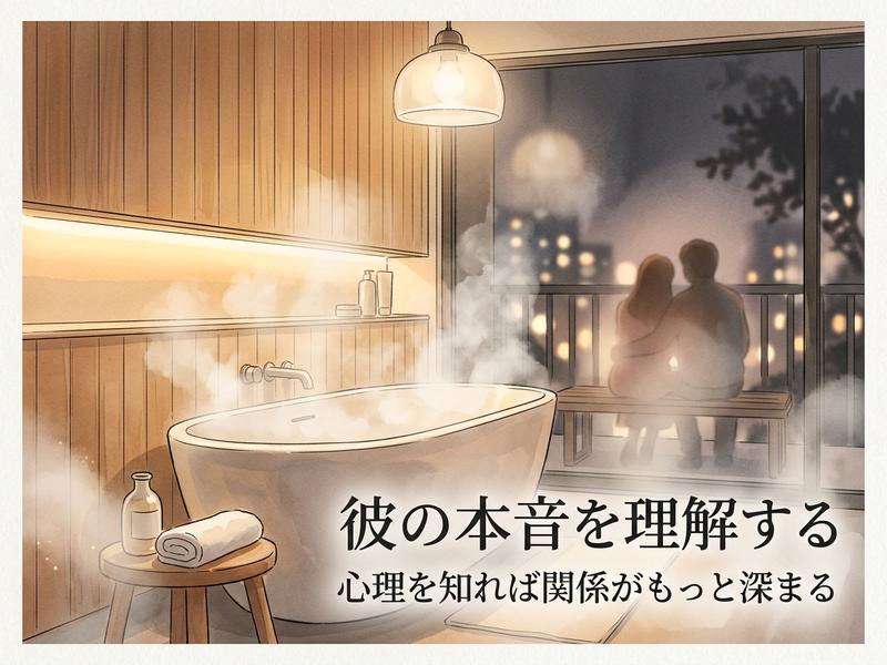 湯気が立ち込めるバスルームで、夜景を眺め寄り添うカップル。