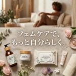 フェムケア製品と花々が並び、「フェムケアで、もっと自分らしく。」の文字。上部にはリラックスする女性。