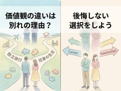 価値観の違いによるキャリアと家庭の選択に悩むカップルのイラスト。