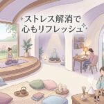 ストレス解消と心身リフレッシュの癒やし空間イラスト。