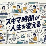 「スキマ時間が人生を変える」の文字と、学習や自己投資をする女性のイラスト。