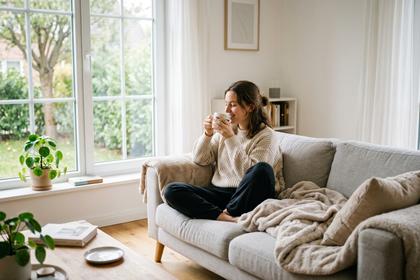 ソファでリラックスしながらコーヒーを飲む20代女性、窓から光が差し込むシンプルな部屋