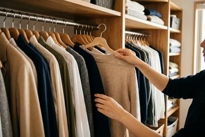 クローゼットの前で洋服を選んでいる女性の手元、整理された衣類のハンガー