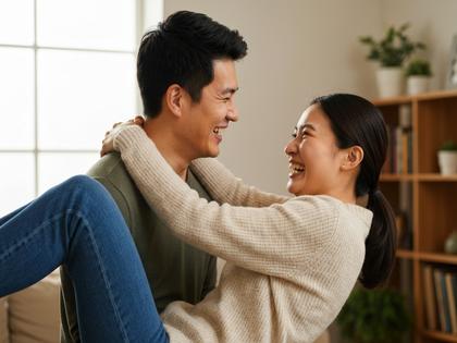 カップルがリビングで笑いながらお姫様抱っこをしている温かい雰囲気