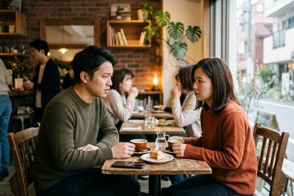 カフェで向かい合って会話するカップル、少し困った表情で話し合っている様子