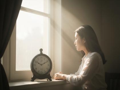 柔らかな光が差し込む窓辺で時計を見つめる女性のイメージ写真