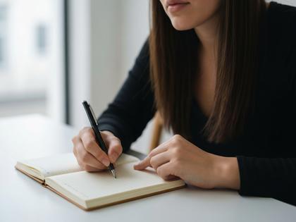 ノートに数字を書き込みながら考え事をしている女性の手元