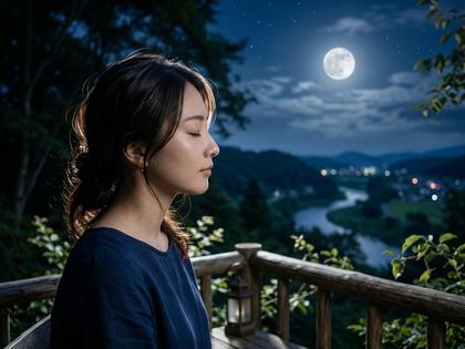 月明かりの下で静かに目を閉じる女性の横顔