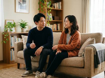 ソファでくつろぎながら会話する男女。