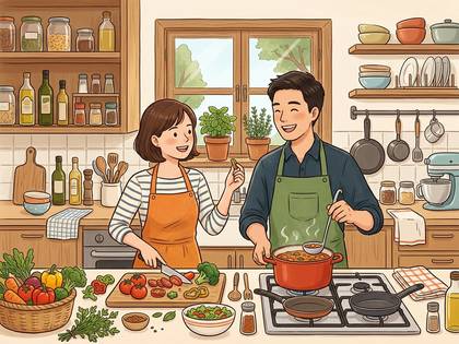 キッチンで笑顔の男女が料理をするイラスト。