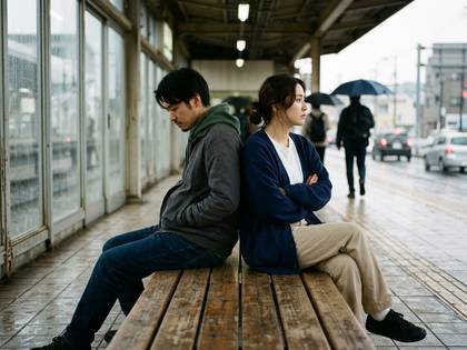 雨の駅のホームで、背中合わせに座る男女。