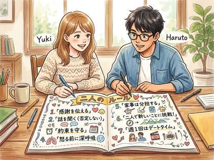 YukiとHarutoが「二人のルール」を書き込んだ本を見ているイラスト。