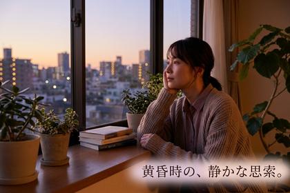 窓辺でひとり考え込む女性、夕暮れの光に照らされている