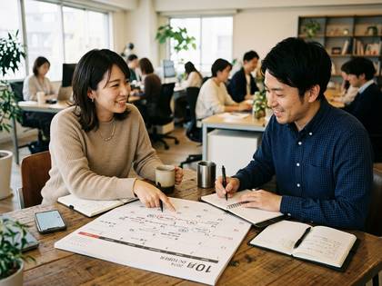 オフィスで笑顔の男女がカレンダーを見ながら共同作業。