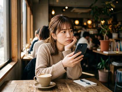 カフェの窓際でスマホを手に物思いにふける女性。