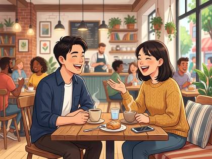 カフェで向かい合って座り、コーヒーを飲みながら笑顔で談笑する男女。