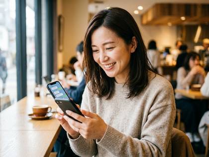 カフェでスマホのチャット画面を見て微笑む女性。