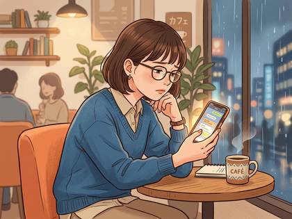 雨の日のカフェで、スマートフォンを見つめる女性。