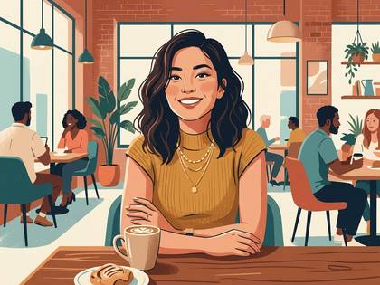 笑顔の女性がコーヒーとパンを前に、賑やかなカフェでくつろぐ様子。