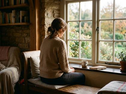 窓辺に座り、外の景色を眺める女性。