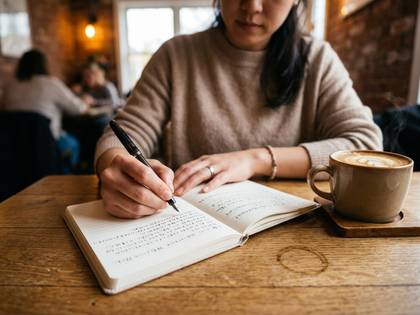 カフェでノートにペンで書き物をする女性とコーヒー。