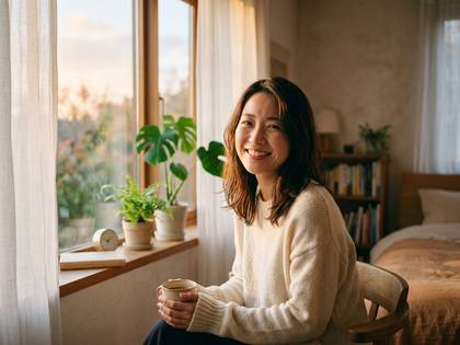 窓辺でカップを手に微笑む女性。観葉植物や本棚のある部屋。