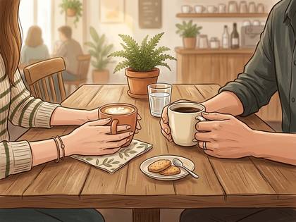 カフェでコーヒーを飲みながら語らう男女のイラスト。