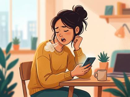 スマホを見つめ、疲れてため息をつく女性のイラスト。