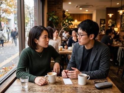 カフェの窓際でコーヒーを前に話す男女。