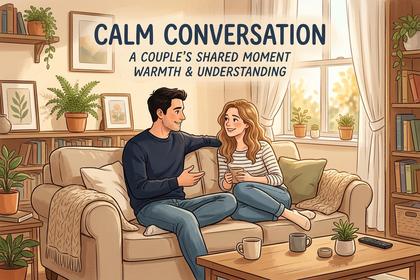 ソファに並んで座り、穏やかに会話するカップル