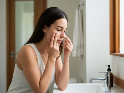 洗面台の前で肌を確認する20代女性、ナチュラルな雰囲気