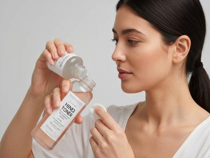 化粧水のボトルを手に取り、コットンに出す女性
