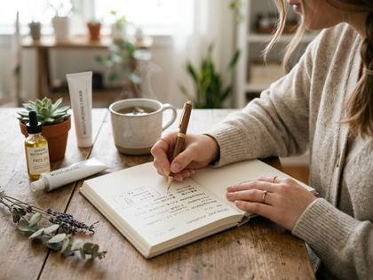ノートにスキンケア記録を書き込む女性の手元、落ち着いた雰囲気