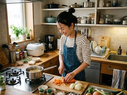 自宅のキッチンで笑顔の女性が野菜を切り調理中。