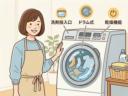 エプロンの女性が、洗剤投入口・ドラム式・乾燥機能を示すドラム式洗濯機を案内。