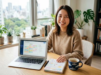 ノートパソコンとコーヒーカップ、手帳が並んだ明るいデスクで微笑む20代女性
