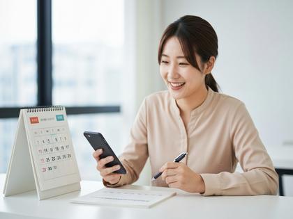 カレンダーに予定を書き込みながら笑顔でスマホを持つ女性