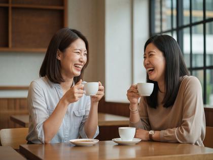 カフェでお茶を飲みながら友人と笑い合う30代女性2人