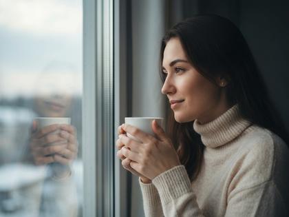 窓辺で温かい飲み物を手に穏やかな表情で外を眺める女性