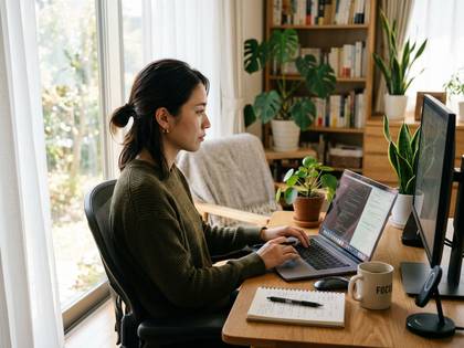 自宅の窓際でノートPCを使う女性。観葉植物に囲まれた明るい部屋。