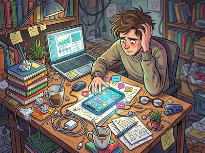 情報過多な机で頭を抱える男性と、通知が溢れるスマホ。